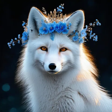 White Fox Crowned in Blue Blossoms