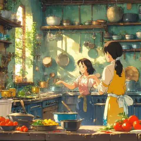 Bustling Ghibli Kitchen in Warm Golden Light