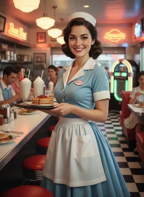1950s Waitress in Vintage Uniform