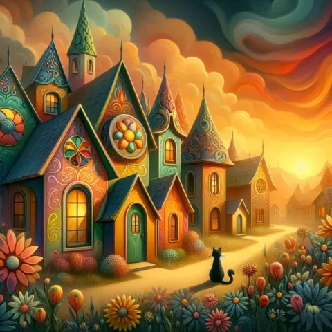 Whimsical Landscape with Colorful Houses