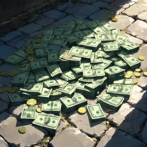 Anime Cash Pile Gleaming on Stone Floor