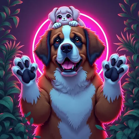 Vaporwave Saint Bernard Carrying Chiyo Chan