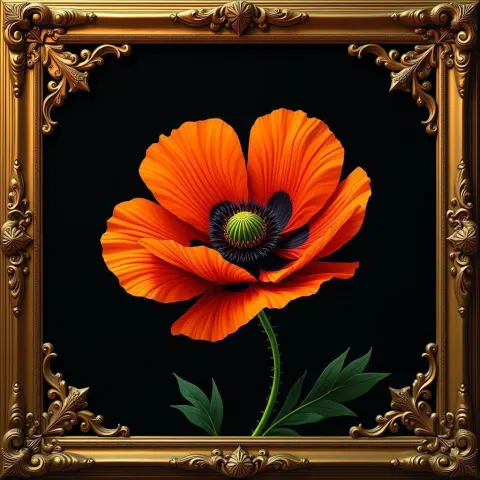Orange Poppy Framed in Ornate Anime Gold