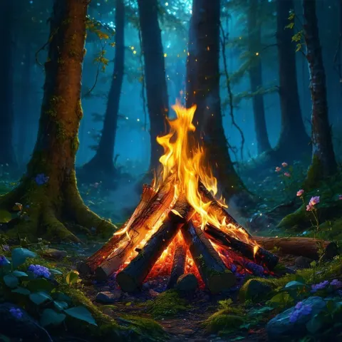 Enchanted Forest Campfire Under Ethereal Moonlight