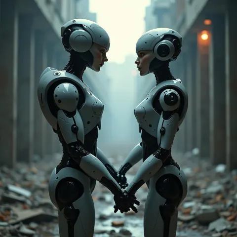 Androids Holding Hands in Dystopian Ruins