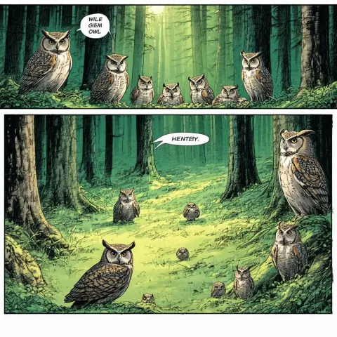 Cinemascope Owl Family Comic in Forest Panoramas