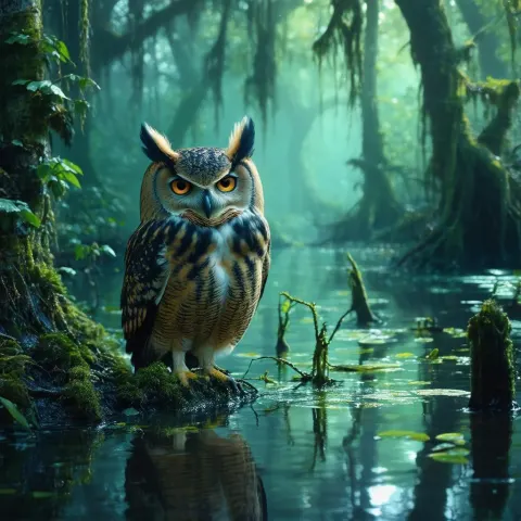 Mystic Owl Watching Over a Haunted Swamp