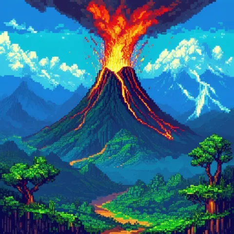 Eight Bit Volcano Erupting Over Fantasy Lands