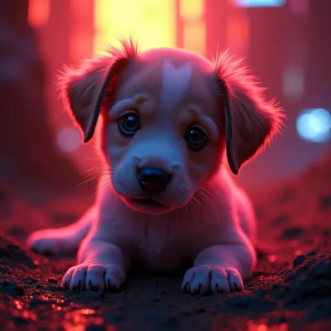 Neon Puppy in a Fiery Cybernetic Wasteland