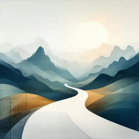 Minimalist Winding Road Toward Distant Mountains