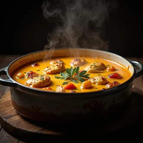 Cheesy Chicken Soup in Moody Cinematic Light