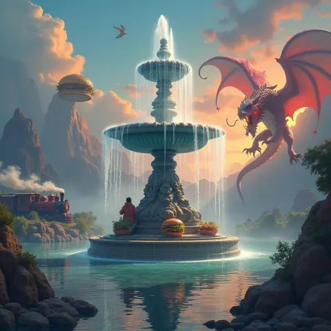 Dragon Steam Train and Burger Painterly Epic