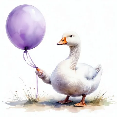 Fluffy Goose Holding a Purple Balloon Watercolor