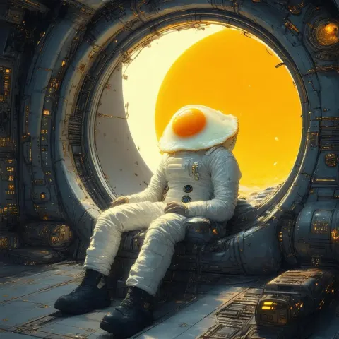 Fried Egg Headed Traveler Aboard a Spaceship