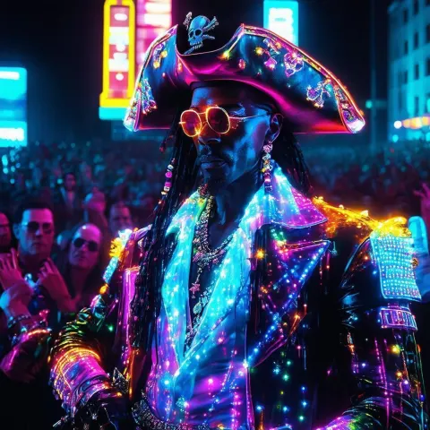 Neonpunk Pirate Dazzling a Glowing Audience