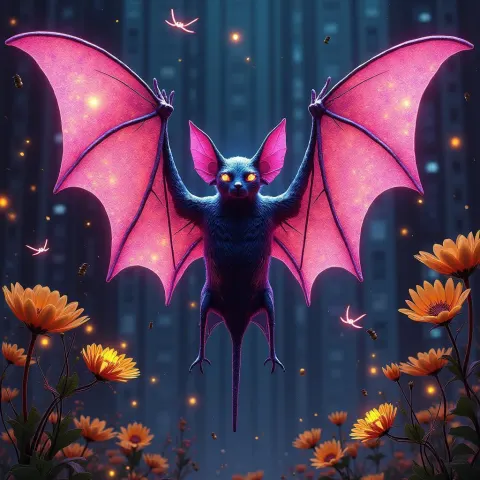 Cyberpunk Bat With Amethyst Wings and Fireflies