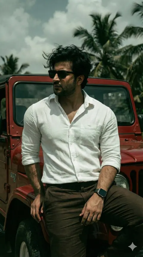 Cool Guy Leaning on Red Jeep