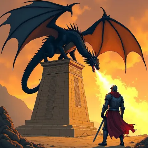 Black Dragon Breathing Fire From an Obelisk