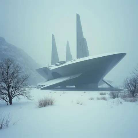 Futuristic Architecture in a Snowy Cinematic Mist