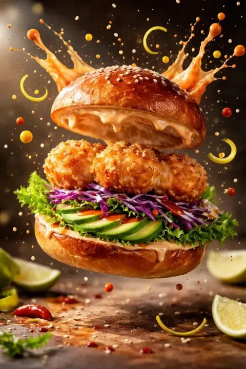 Floating Shrimp Burger Assembly