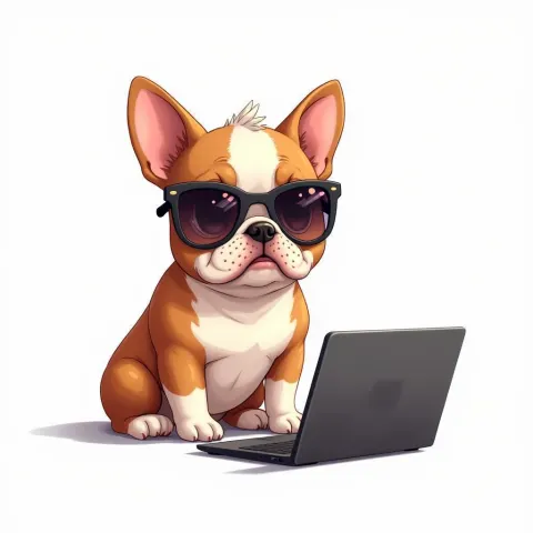 Anime Bulldog in Sunglasses at His Laptop