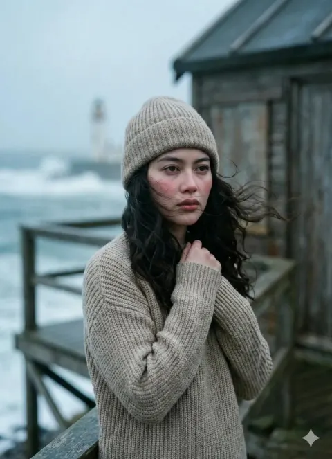 Cinematic Pier Portrait in Wind