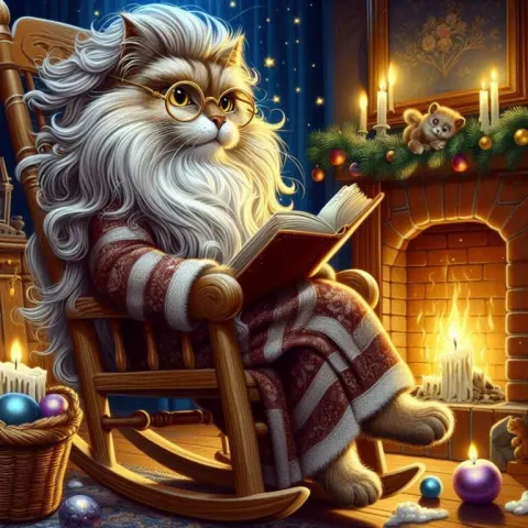 Wise Cat Reading by Christmas Fireplace