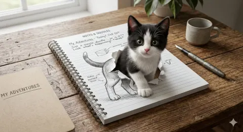 Kitten Leaping From Notebook Page