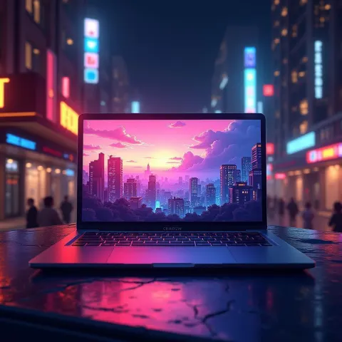 Glowing Anime Laptop Against Neon City Lights