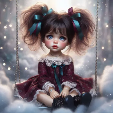 Realistic Girl on Silver Swing with Stars