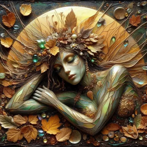 Green Wood Nymph Among Autumn Leaves