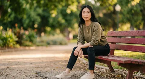 Stylish Woman Park Bench Portrait