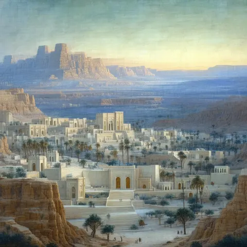 Classical Fresco of a Desert City at Twilight
