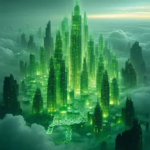 Fantasy City Encased in Glowing Green Hexagons