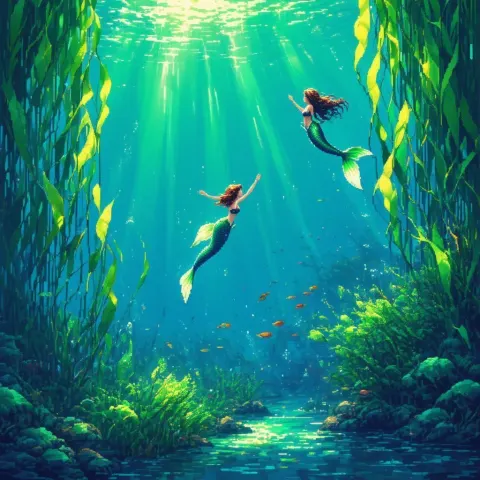 Pixel Mermaids Playing Among Swaying Kelp