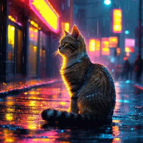 Glowing Cat on a Rain Soaked Neon Street