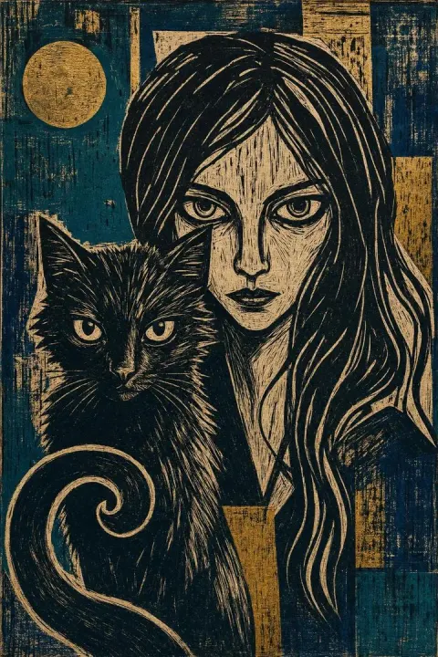 Ink Etching of Girl and Black Cat