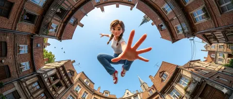 Fisheye Leap Over Historic Town