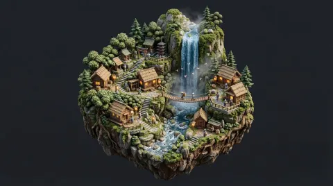 Floating Waterfall Village Diorama