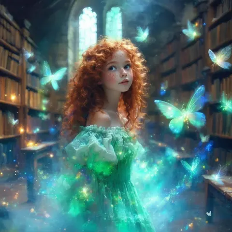 Freckled Redhead Amid Fairies at Magic School