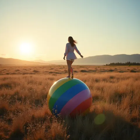 Woman Balancing on a Giant Multicolored Ball