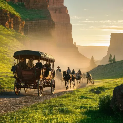 Old West Stagecoach Journey at Golden Hour