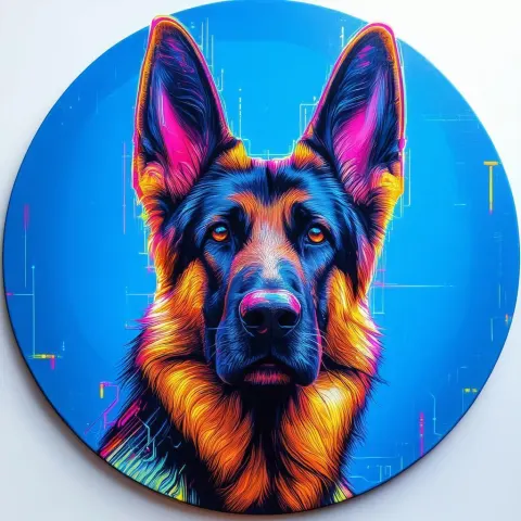 Neon German Shepherd on Blue Round Canvas