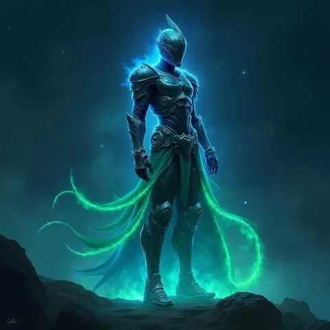 Glowing Armored Warrior in a Starry Expanse