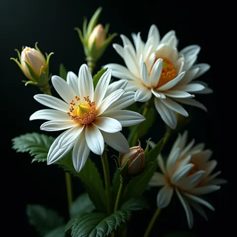 Stylized White Flowers in Dramatic Dark Light