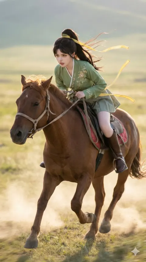 Hanfu Cosplayer Galloping on Horseback