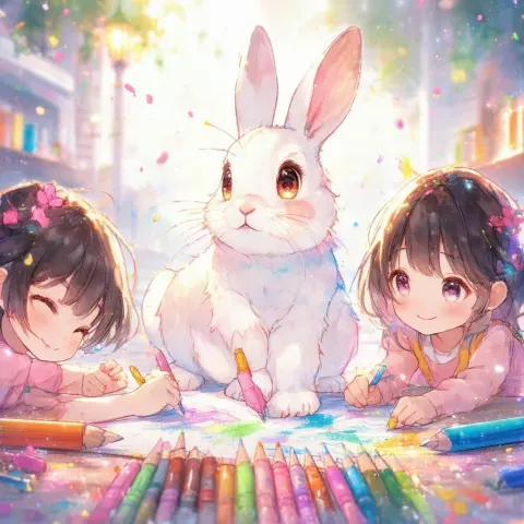 Anime Kids Coloring a Vibrant Pastel Rabbit