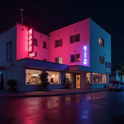 Brutalist Architecture Bathed in Vivid Neon