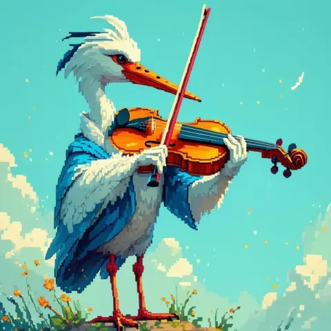 Eight Bit Stork Performing a Pixel Violin
