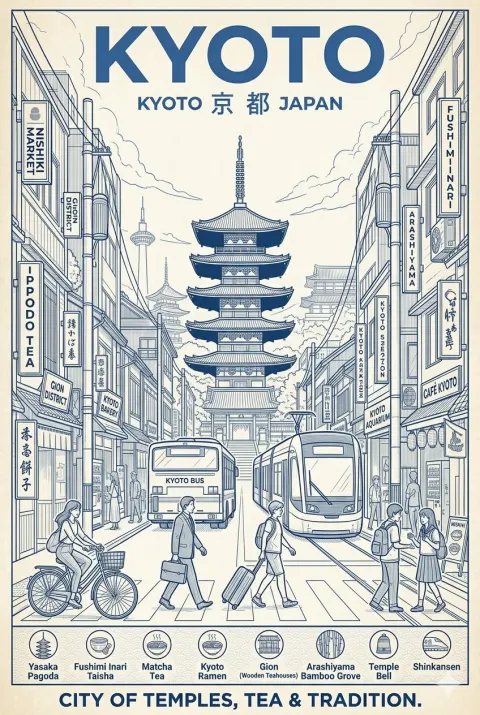 Kyoto Blue White Travel Poster Art